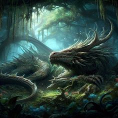 two dragon like creatures in the middle of a forest with moss growing on it's sides