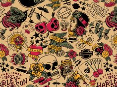 an old school tattoo pattern with skulls, roses and other tattoos on beige background stock photo