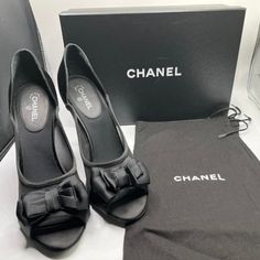 Chanel Satin And Mesh Peeptoe Pumps Size 9.5 Us W/ Dustbag And Original Box. Used In Good Shape .Please View Photos. Chanel Bow Pumps, Shoes Chanel, Mesh Bows, Chanel Black, Chanel Shoes, View Photos, Shoes Women Heels, Original Box, Dust Bag