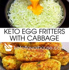 keto egg fritters with cabbage in a skillet and on a plate