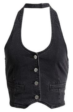 Amp up your casual-cool game in this inky denim vest designed with a cropped silhouette and silvery buttons. 16" length (size Small) Front button closure Halter neck Sleeveless 99% cotton, 1% elastane Machine wash, line dry Imported Trendy Dark Wash Denim Vest With Buttons, Trendy Dark Wash Denim Vest With Snap Buttons, Trendy Cropped Denim Vest With Button Closure, Cropped Vest With Button Closure For Summer, Casual Cropped Denim Vest With Buttons, Summer Cropped Vest With Buttons, Cropped Summer Vest With Buttons, Trendy Black Vest With Buttons, Fitted Cropped Denim Vest With Button Closure