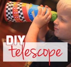 a young boy is holding a toy in his hand and looking at it with the words diy telescope