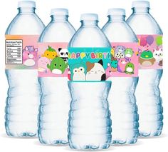 three plastic water bottles with cartoon animals on the label and happy birthday stickers for each bottle