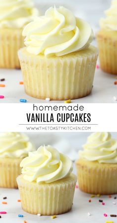 vanilla cupcakes with white frosting and sprinkles on the side