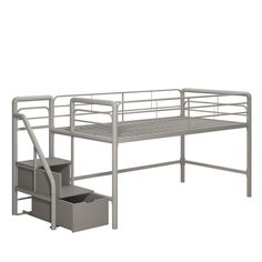 a metal bunk bed with stairs and storage bins on the bottom level, against a white background