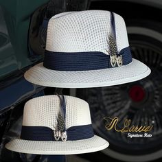 Handmade with the highest quality materials of 100% cotton string Style: Classic Lowrider Derby Color: White Hat Band: Navy Feathers: Rooster Hat Pin: Smile Now Cry Later Brand: Garcia Signature Hats All sales are final  Social Media  Facebook @garciasignaturehats Instagram @garciasignaturehats White Lowrider, Male Attire, Smile Now Cry Later, Derby Outfits, Fedora Hat Men, Elegant Hats, Cotton String, Hat Pin