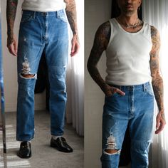 FREE DOMESTIC SHIPPING Theses awesome vintage 80s/90s Wrangler destroyed jeans are a shop favorite! Incredible fit with beautifully distressed whisker fading throughout. Made in Mexico of USA fabric. Please refer to measurements below. <> Designer: Wrangler <> Made in Mexico of USA Fabric <> 100% Cotton <> Size: Please refer to measurements below for best modern fit. ( model stands 6'3" tall ) <> Measurements: laying flat from left to right      waist: 17" - 17.25" ( 34" - 34.5" around )      fr Designer Denim, Denim Patches, Destroyed Jeans, Wrangler Jeans, Denim Design, Designer Jeans, Mens Trousers, Modern Fit, Denim Pants