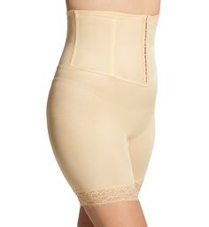 Shape up your hips and thighs with this awesome girdle. The tall waistband has flexible boning and an inner elastic edge that keeps style right below the bust. Leg hems are floral lace with inner silicone gripper for "stay put" fit. Made of nylon, spandex, and cotton. Tall waistband rests underneath the bust. Elastic is sewn along inner top of waistband for secure fit. Coated metal hook-and-eye closure secures at center front waist. Waistband has flexible vertical boning at side seams, and midwa Fitted High Waist Shapewear With Wide Waistband, Fitted Short Leg Shapewear With Contoured Waistband, Fitted Shapewear With Contoured Waistband Brief, Fitted Shapewear With Contoured Waistband And Short Leg, Fitted Shapewear Briefs With Wide Waistband, Elegant Fitted Shapewear With Short Leg, Fitted Mid-thigh Shapewear With Wide Waistband, Fitted High Waist Beige Shapewear, Beige Fitted Short Leg Shapewear