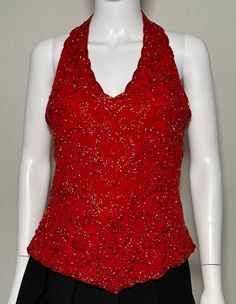 ** FREE SHIPPING** Vintage 1990s red beaded top with symmetrical trimmed petal edges. Measurements: Bust: 40 inches Waist: 34 inches Armpit circumference: 22 inches Back Total length: 25 inches Front total length (from lower part of cleavage to bottom) 16 inches In excellent condition. Made in India. Material: Polyester and beads Brand's size: L Original labels, full back zipper and one hook-eye on top of the blouse. Beaded Top, Strap Tops, Red Bead, Girl Top, Party Girls, Vintage Dresses, Blouses For Women, Spring Summer, Red