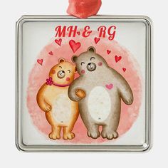 two bears are hugging each other on a square keychain that says sr e q w