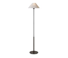 a floor lamp with a white shade on the top and black base, in front of a