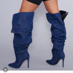 Brand New Size 6 Denim Sloucboots Denim Boots Lyst, Chic Denim Blue High Heel Boots, Spring Denim Knee-high Boots, Trendy Ankle-high Denim Boots, Fitted Denim Knee-high Boots, Boots Code, Womens Boots Flat, Square Toe Western Boots, Taupe Boots