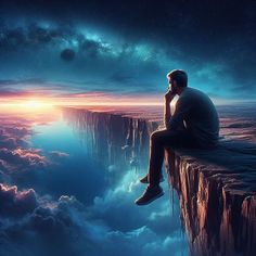 a man sitting on top of a cliff looking at the sky with clouds and stars