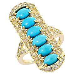 Sunita Nahata presents a one-of-a-kind set of turquoise, each stone in a traditional oval cut. This ring exemplifies the style and elegance that modern women wish to display, with the stones set in a single, straight line. Crafted in yellow gold, this ring is accented with white diamonds and opal to display a simple but exquisite appeal. Turquoise Cocktail Ring in 18Karat Yellow Gold with Opal, and White Diamond. Turquoise: 2.64 carat, 6X4mm size, cab cut, oval shape. Opal: 0.47carat, 2.00mm siz Turquoise Cocktail, Straight Line, Naha, Modern Women, Crown Jewels, White Diamonds, Cocktail Ring, Stone Settings, Cocktail Rings