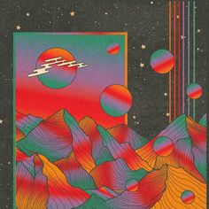 an image of a space scene with mountains and planets