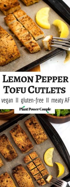 lemon pepper tofu cutlets in pans with text overlay