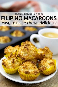 some muffins on a white plate with a cup of coffee in the background