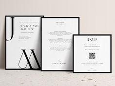 three black and white wedding cards with the word rsp printed on them, sitting next to each other