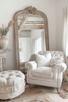 a living room filled with furniture and a large mirror