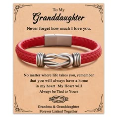 a red leather bracelet that says, to my granddaughter never forget how much i love you