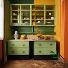 a kitchen with green cupboards and yellow walls, painted in different shades of green