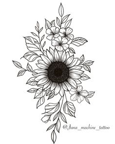 a black and white drawing of a sunflower with leaves on it's side