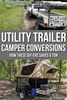 the utility trailer camper is parked next to a truck with an awning on it