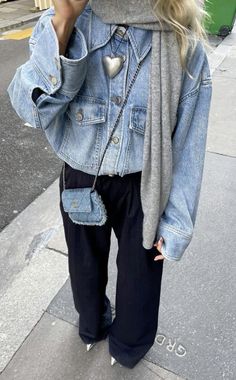 Denim bomber jacket with cute scarf and silver heart necklace// cute fall or spring outfit// parisian style// womens style inspo 40s Mode, Mode Hippie, Double Denim, Outfit Trends, 가을 패션, Life Time