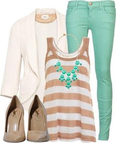 With red accents and jeans instead. Mode Ab 50, Mint Jeans, Pastel Outfit, Green Pants, Polyvore Outfits, Outfits Casuales, Cute Fashion