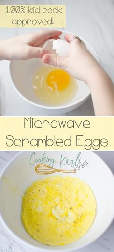 two pictures showing how to make microwave scrambled eggs