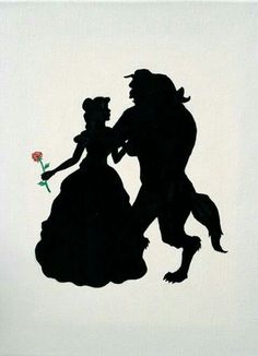 the silhouette of beauty and the beast is shown in black against a white background with a red rose