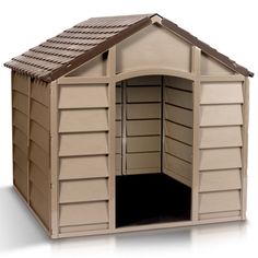 a tan plastic storage shed with the door open