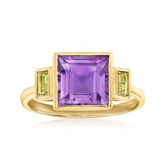 2.00 Carat Amethyst and .20 ct. t.w. Peridot Ring in 14kt Yellow Gold. Size 9 | Ross-Simons Amethyst And Peridot, Emerald Necklace Pendant, Peridot Color, Amethyst Birthstone, Pear Shaped Ring, Amethyst Studs, Amethyst Necklace Pendant, Amethyst And Diamond Ring, Peridot Stone