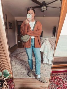 Rust Duster Cardigan Outfit, Comfy Cottagecore Outfits, Fall Morning Outfit, Burnt Orange Cardigan Outfit, Rust Cardigan Outfit, Cardigan Outfit Oversized, Boyfriend Cardigan Outfit, Clogs With Socks Outfit, Orange Cardigan Outfit