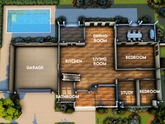 an aerial view of a house with pool and living room, kitchen, dining room, bedroom