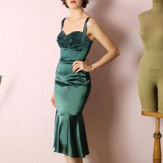 RTW dark green satin dress sweetheart straps mermaid dress | Etsy Vintage Fitted Dress With Sweetheart Neckline For Party, Fitted Green Mermaid Dress For Evening, Retro Evening Dress With Sweetheart Neckline, Vintage Fitted Evening Dress With Sweetheart Neckline, Fitted Vintage Dress With Sweetheart Neckline For Evening, Elegant Fitted Vintage Prom Dress, Vintage Party Dresses With Corset Back, Vintage Ruched Dress With Fitted Bodice, Retro Spaghetti Strap Party Dress