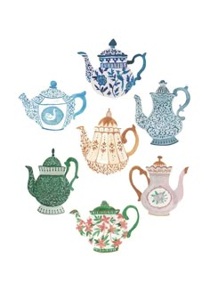 six teapots with different designs on them