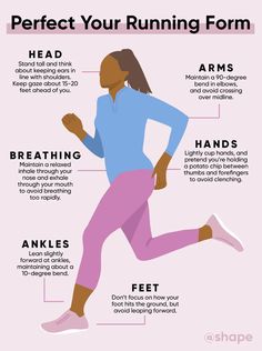 a woman running with the words perfect your running form in front of her, and an info