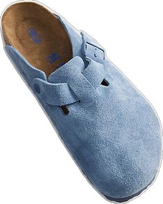 Suede Slip-on Clogs With Buckle Closure, Blue Suede Slip-on Clogs, Blue Suede Clogs With Round Toe, Comfortable Blue Leather Clogs, Blue Leather Clogs With Leather Footbed, Birkenstock Boston Soft Footbed, Elemental Blue, Boston Soft Footbed, Boston Clogs