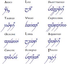 the twelve zodiac signs and their names in blue ink on a white paper with black writing