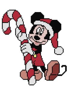 an image of mickey mouse with santa hat and candy cane in pixell art style