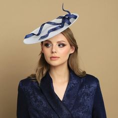 Hand blocked creamy and navy blue saucer hat from high quality sinamy (3 sheets) using traditional millinery techniques. This cocktail hat is accented with hand made navy blue sinamay.  Iis attached to silver metal headband. You can write to me for more informations. Ready to shipped in 4-7 working days. If You want to change something please write to me. I can personalized Your order (the price can be different). RETURNS AND EXCHANGE DETAIL Returns must be made within 14 days (date on the post White Formal Cloche Hat With Short Brim, White Brimmed Felt Hat For Formal Occasions, White Formal Boater Hat With Short Brim, Formal White Boater Hat With Short Brim, Elegant Top Hat With Pinched Crown For Formal Occasions, Elegant Top Hat With Pinched Crown For Formal Events, Elegant White Boater Hat For Party, Formal Structured Crown Hat For Royal Ascot, Formal Costume Hat With Structured Crown For Royal Ascot