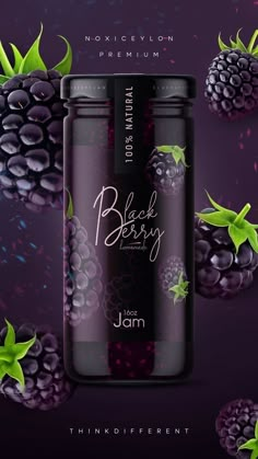 an advertisement for blackberry jam with berries and leaves on the side, in front of purple background