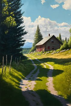 a painting of a dirt road leading to a cabin