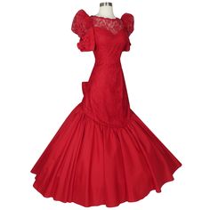 Red Vintage Dresses For Cosplay, 80s Red Dress, 80s Red Gown, Retro Red Ruffled Dress, 1980s Prom Dress Wuth Ruffle At Neckine, Formal Dance, Red Lace, Prom Gown, Full Skirt