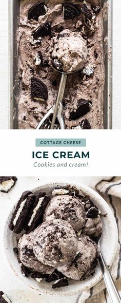 ice cream in a pan with spoons and cookies