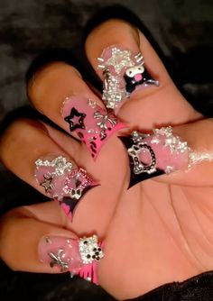 Duck Nails With Rhinestones, Xl Duck Nails, Blinged Nails, Long Duck Nails, Pink Duck Nails, Nails Duck, Pink Duck, Cute Short Nails