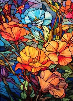 a colorful stained glass window with flowers in it