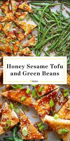 honey sesame tofu and green beans on a baking sheet with text overlay that reads honey sesame tofu and green beans