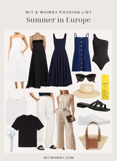 an image of women's clothing and accessories with the words wit & whimey packing list summer in europe